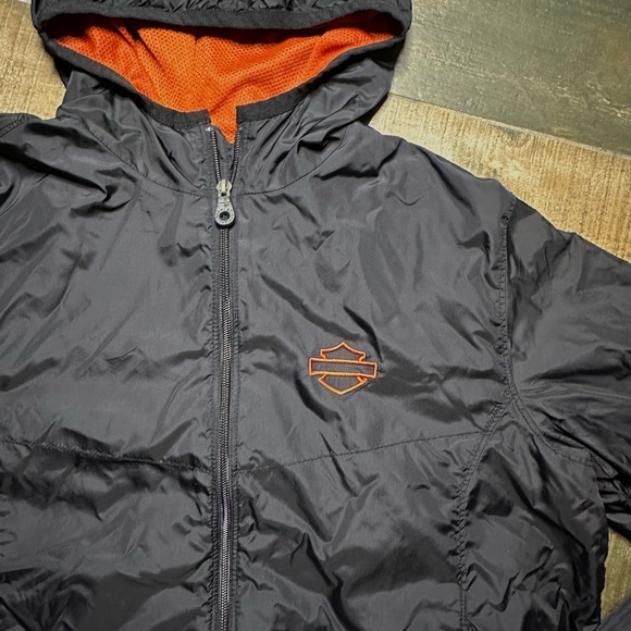 Harley-Davidson Hooded Windbreaker Jacket Men’s Large Black Orange - Picture 5 of 9